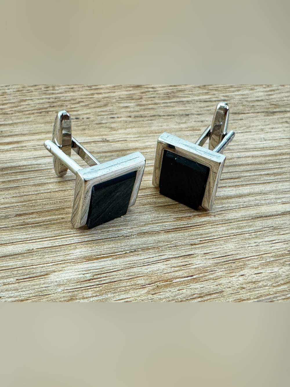 Men's Silver-Tone Cufflinks with Black Inset